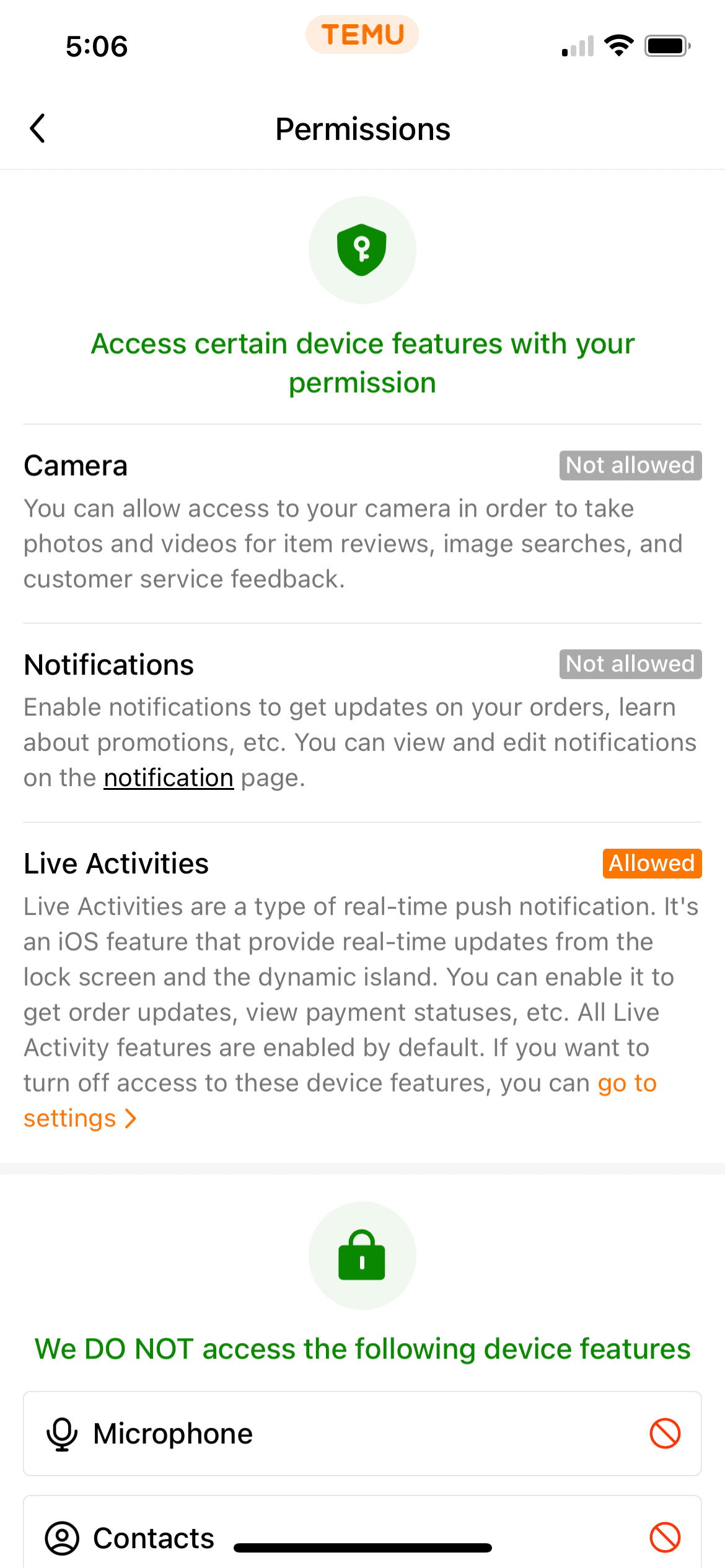Temu Permissions screen.
