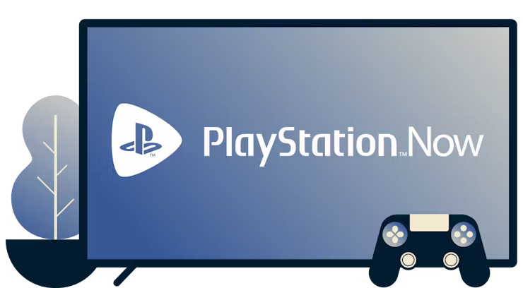 Pantalla con el logotipo de Playstation Now, un controlador y una planta. 