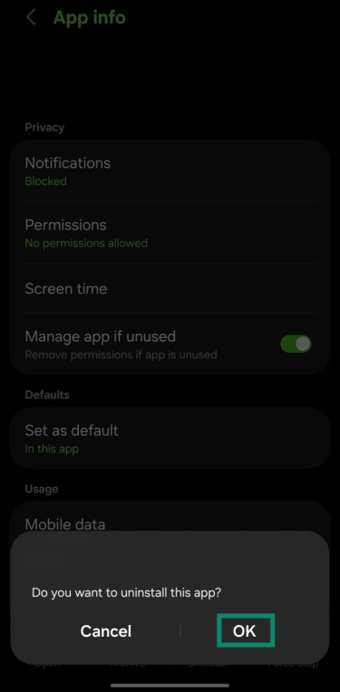 Android app uninstallation screen.