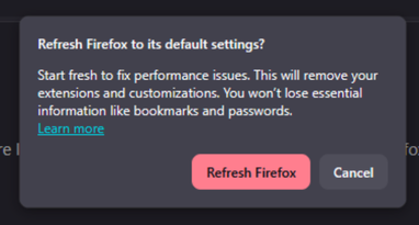 Clicking on Refresh Firefox option in the message box starts the reset process.