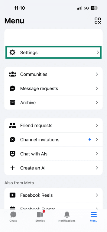 The Messenger menu, showing the settings button.