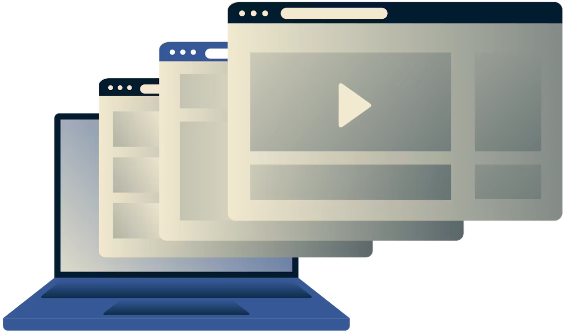 Blokkeer video, muziek, sport en sociale media. Laptop met verschillende browservensters.