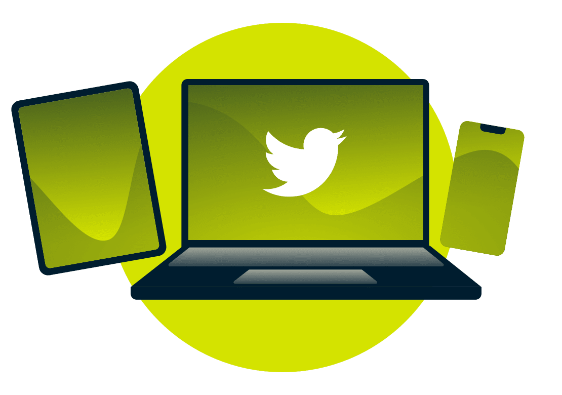 Een laptop, tablet en telefoon, met het Twitter logo.