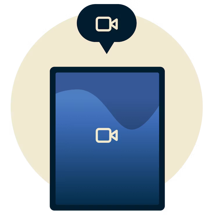 Videochatt på en telefon: En surfplatta visar en video-ikon med en talbubbla som visar en video-ikon ovanför den.