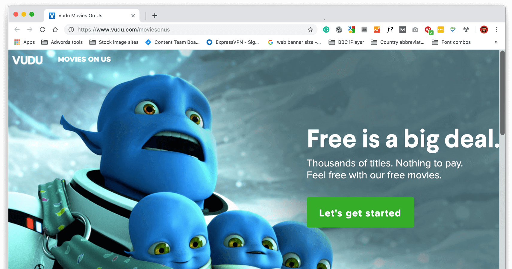 Et skjermbilde av Vudus nettsted som viser Movies On Us.