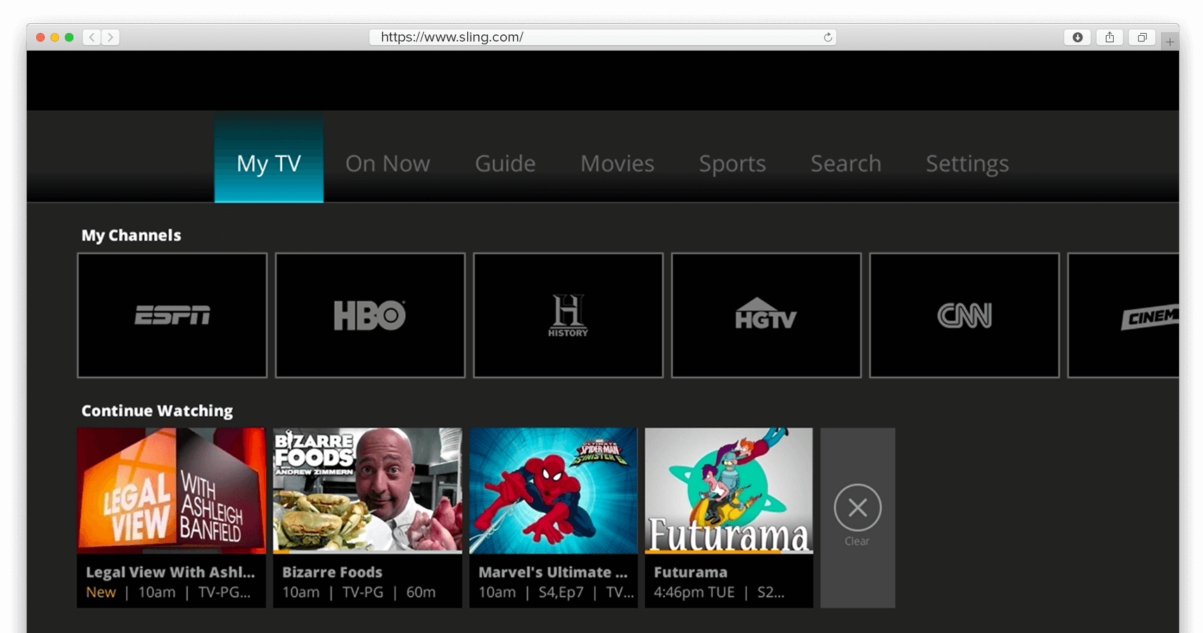 Screenshot van de homepage van Sling TV