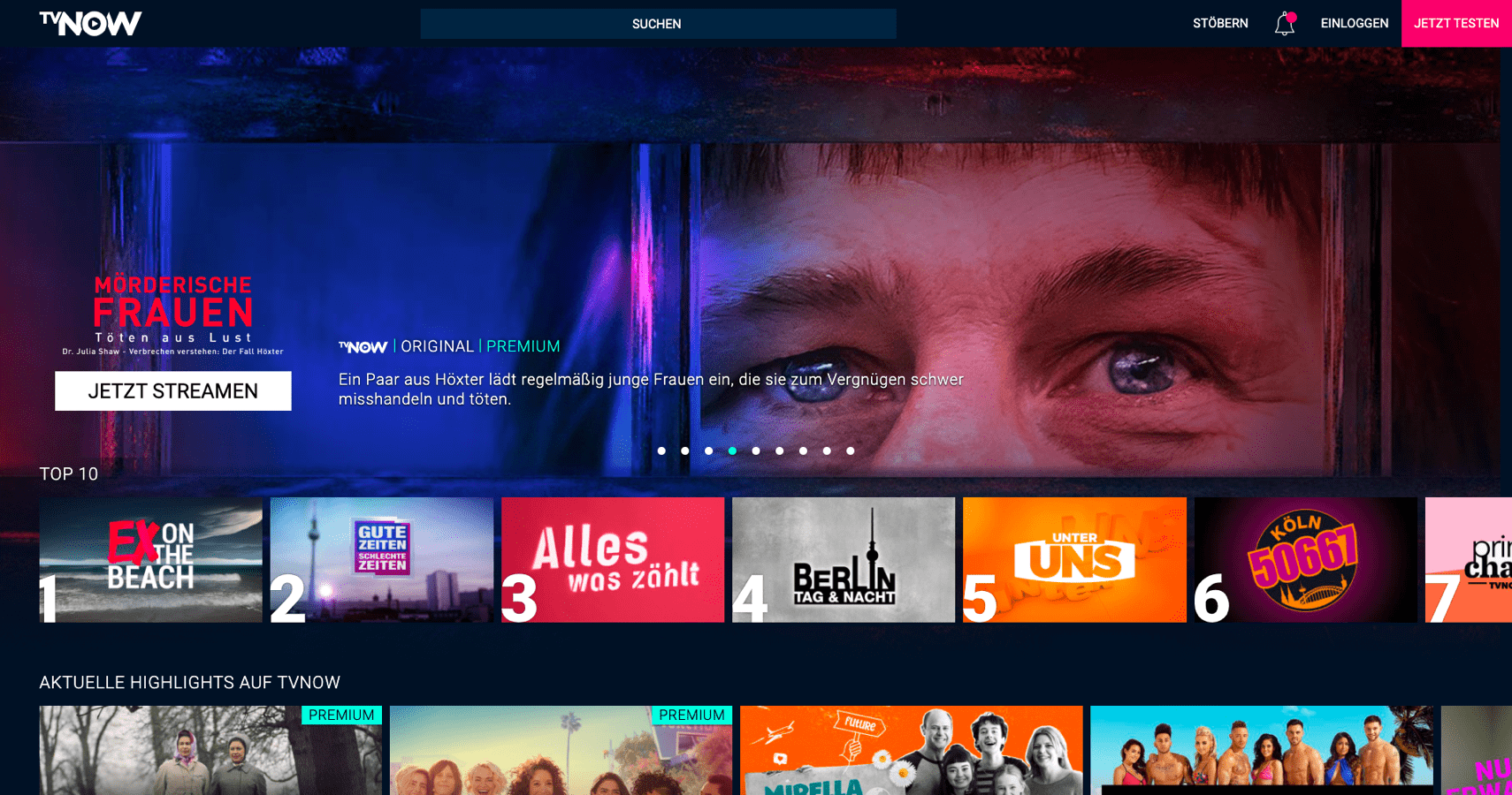 TVNOW em uma tela de desktop.