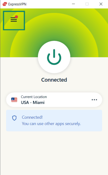 The ExpressVPN Windows app with the menu button highlighted.