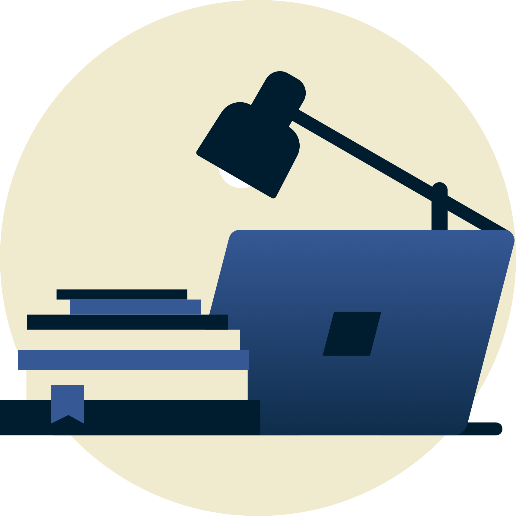 Lámpara sobre libros de texto y laptop de espaldas a ti.