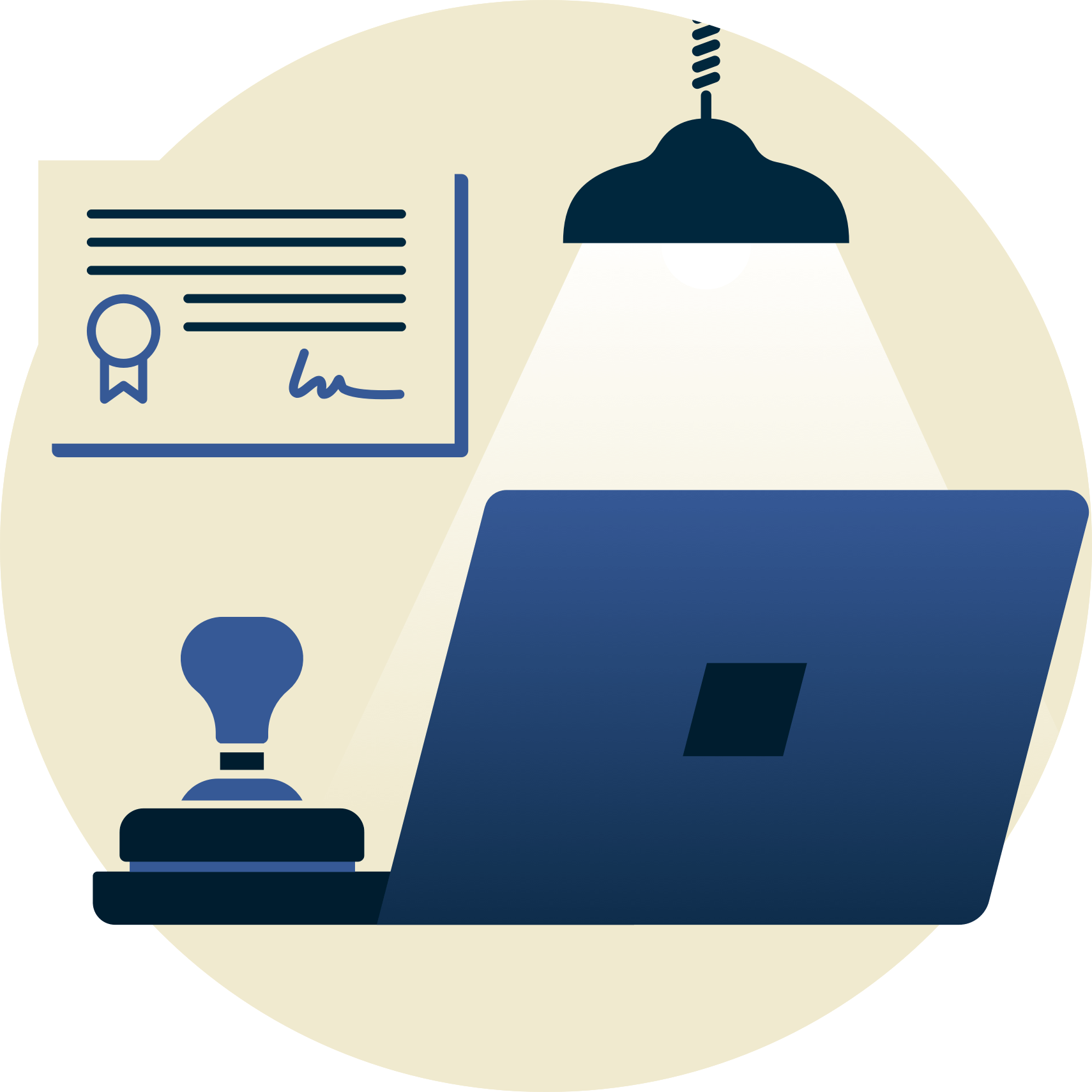 Lámpara sobre un sello de goma y laptop, con certificado en el fondo.