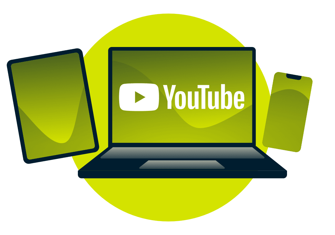 Un portátil, una tableta y un teléfono con el logotipo de YouTube.