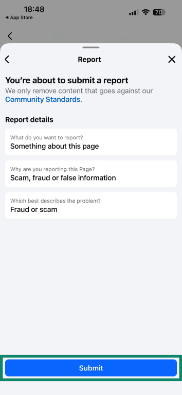 The final step of reporting a page through the Facebook app.