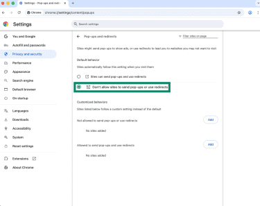 Changing pop-up and redirect settings in Chrome