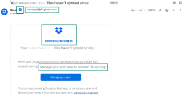 Authentic Dropbox email with green flags highlighted.