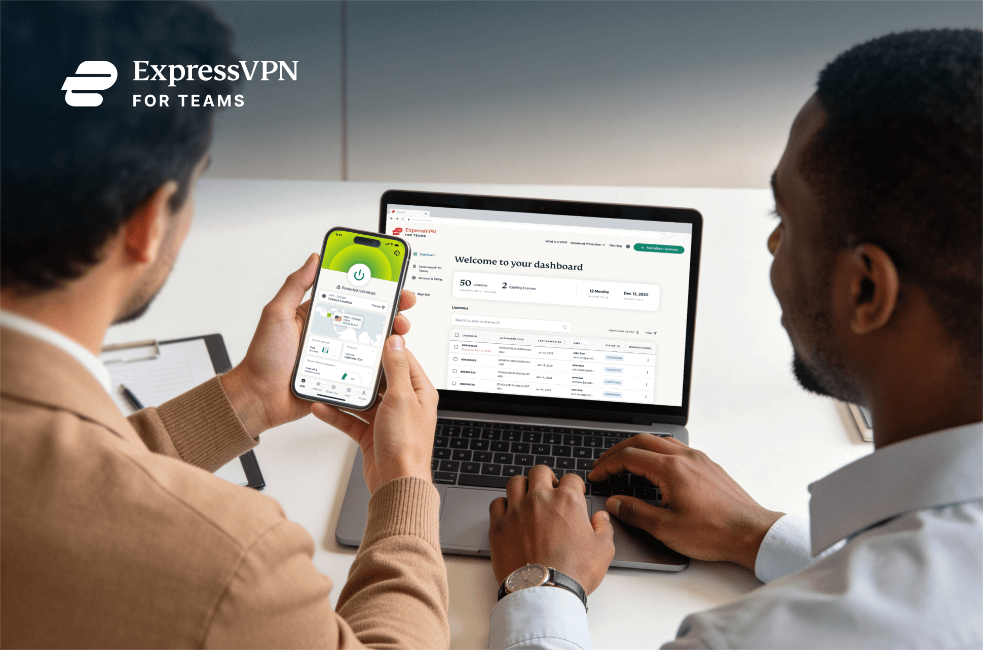 Two co-workers using ExpressVPN for Teams on laptop and smartphone