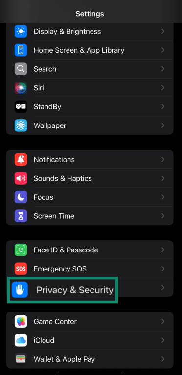 Accessing the Privacy & Security menu through iOS Settings.