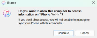 iTunes prompt requesting access to an iPhone.