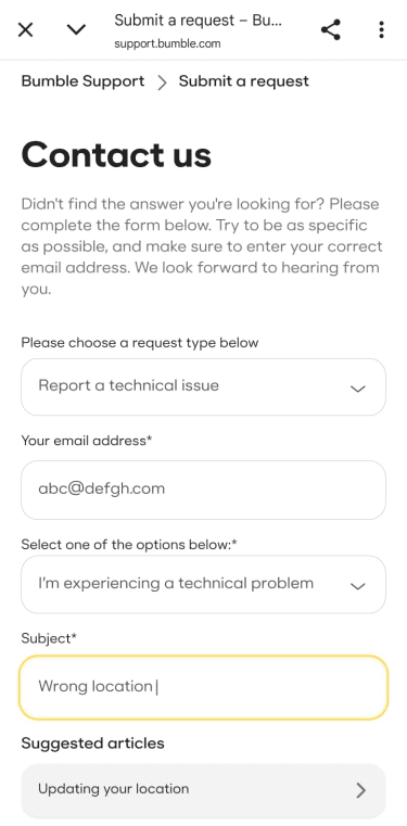 Bumble Support “Contact us” form with request type set to technical issue and the subject field reading “Wrong location.”