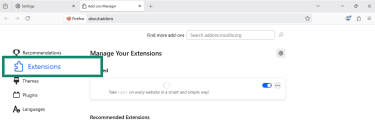 Firefox Extensions & Themes settings with Extensions section button highlighted.