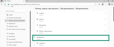 Microsoft Edge All permissions settings with Notifications option highlighted.
