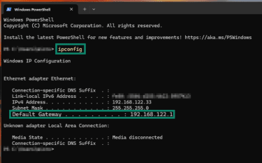 "ipconfig' command and the router's IP address highlighted in a Windows 11 Powershell.