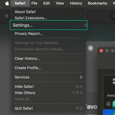 Safari menu open with Settings (Preferences) highlighted, showing where to access browser configuration options.