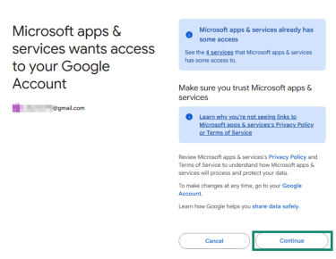 "Continue" option highlighted on a Google page describing Microsoft syncing.