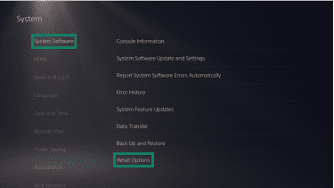 The "System" page on a PlayStation 5. The "System Software" and "Reset Options" options are highlighted.