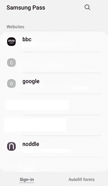 Samsung Pass open showing list of websites and apps with saved login details available