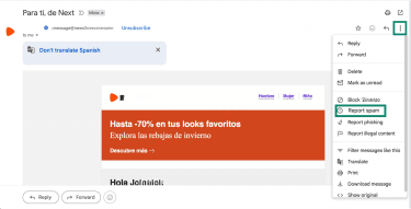 Gmail desktop menu showing the “Report spam” option.