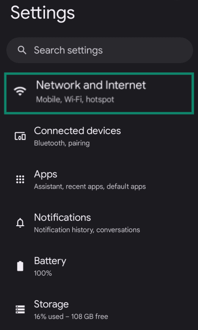 Network and Internet in Settings in Android.