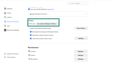 The Firefox desktop settings menu, scrolled down to the History tab.