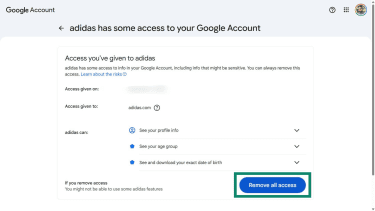 Google account dashboard page to remove access from the Google account for a specific third-party service.