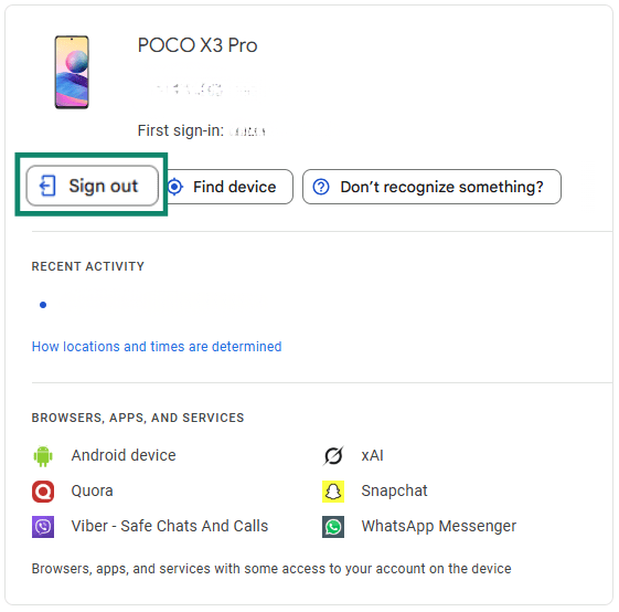 Google account dashboard device management page with the Sign out button highlighted.