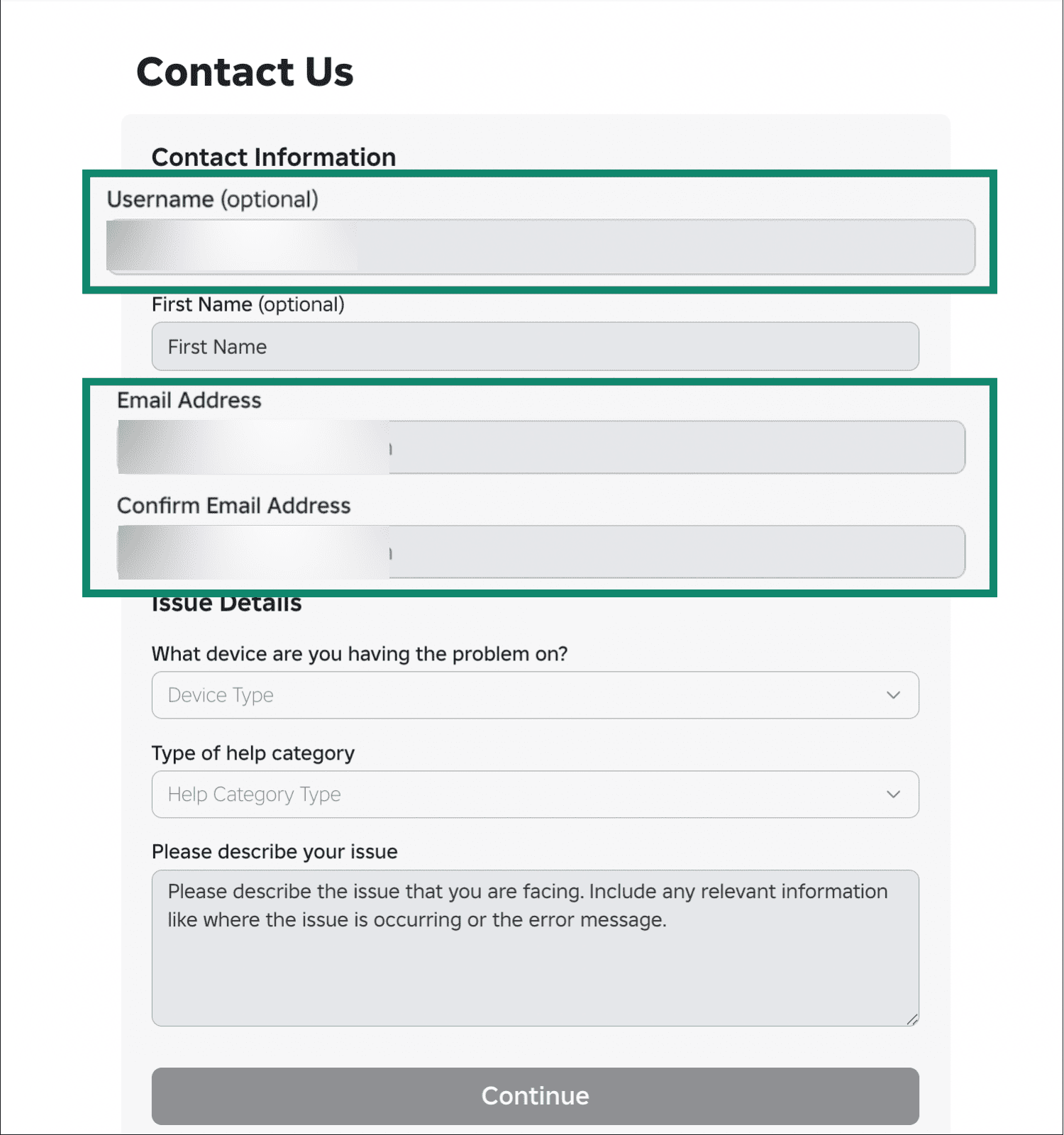 Roblox support form showing username and email fields.