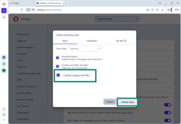 Opera on Windows with Delete browsing data settings open and Cached images and files highlighted