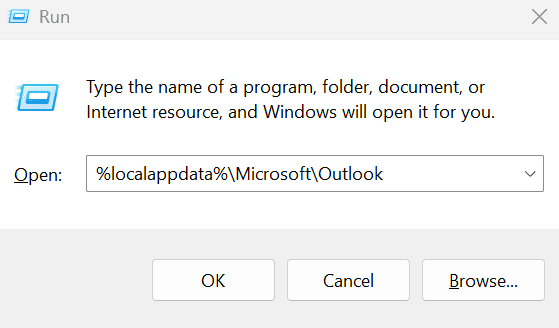 Run dialog opening local app data Microsoft Outlook.