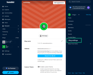 How to access the blog settings page on Tumblr
