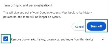 "Turn off" confirmation button highlighted for Google sync settings on Google Chrome.
