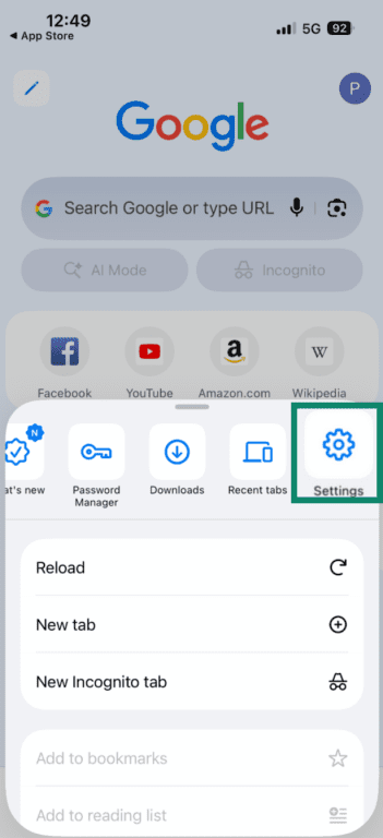 "Settings" option highlighted on Google Chrome on iPhone.
