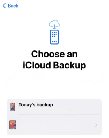 Selecting an iCloud backup after resetting an iPhone.