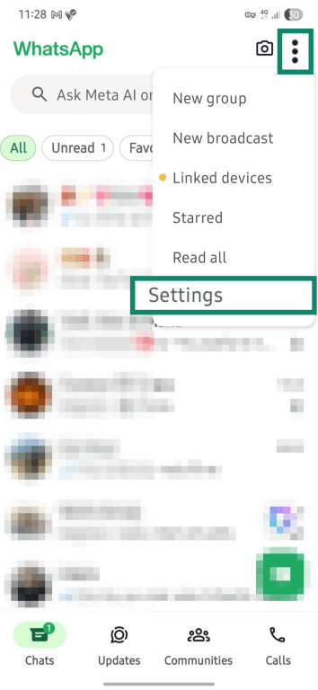 WhatsApp settings menu.