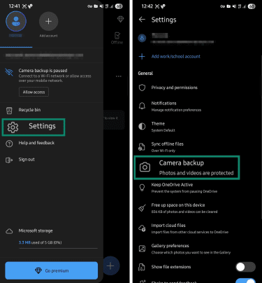 OneDrive backup menu.