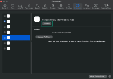 Manage and remove extensions from Safari browser