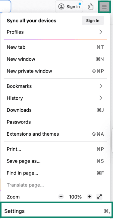 Firefox menu showing the three-line menu open with Settings selected.