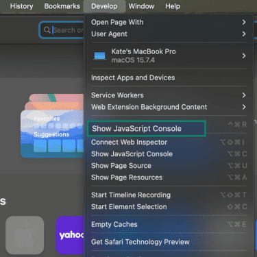 Safari Develop menu open with Show JavaScript Console selected.