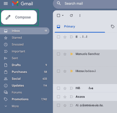 Gmail inbox showing Compose button highlighted.