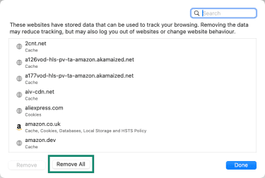 Safari “Manage Website Data” window listing stored site data with “Remove All” button highlighted.