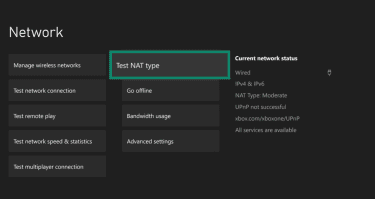 The Xbox network settings menu, showing the test NAT type button.