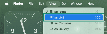 MacOS' system menu with the View button clicked and "As List" option highlighted.